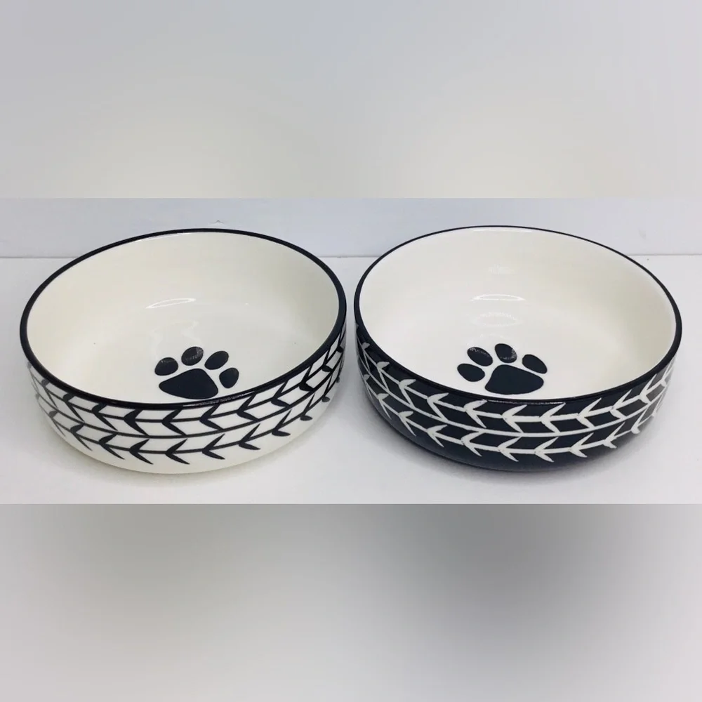 2 Signature Houseware WHITE ARROW Bowl Cat Dog Water Food Ceramic White …